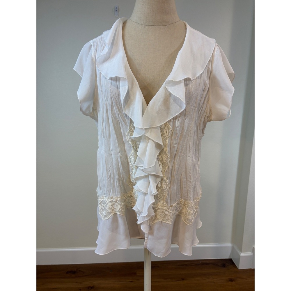 Sheer Lace Ruffle Top Womens L White  Coquette Whimsical Peasant Boho Romantic